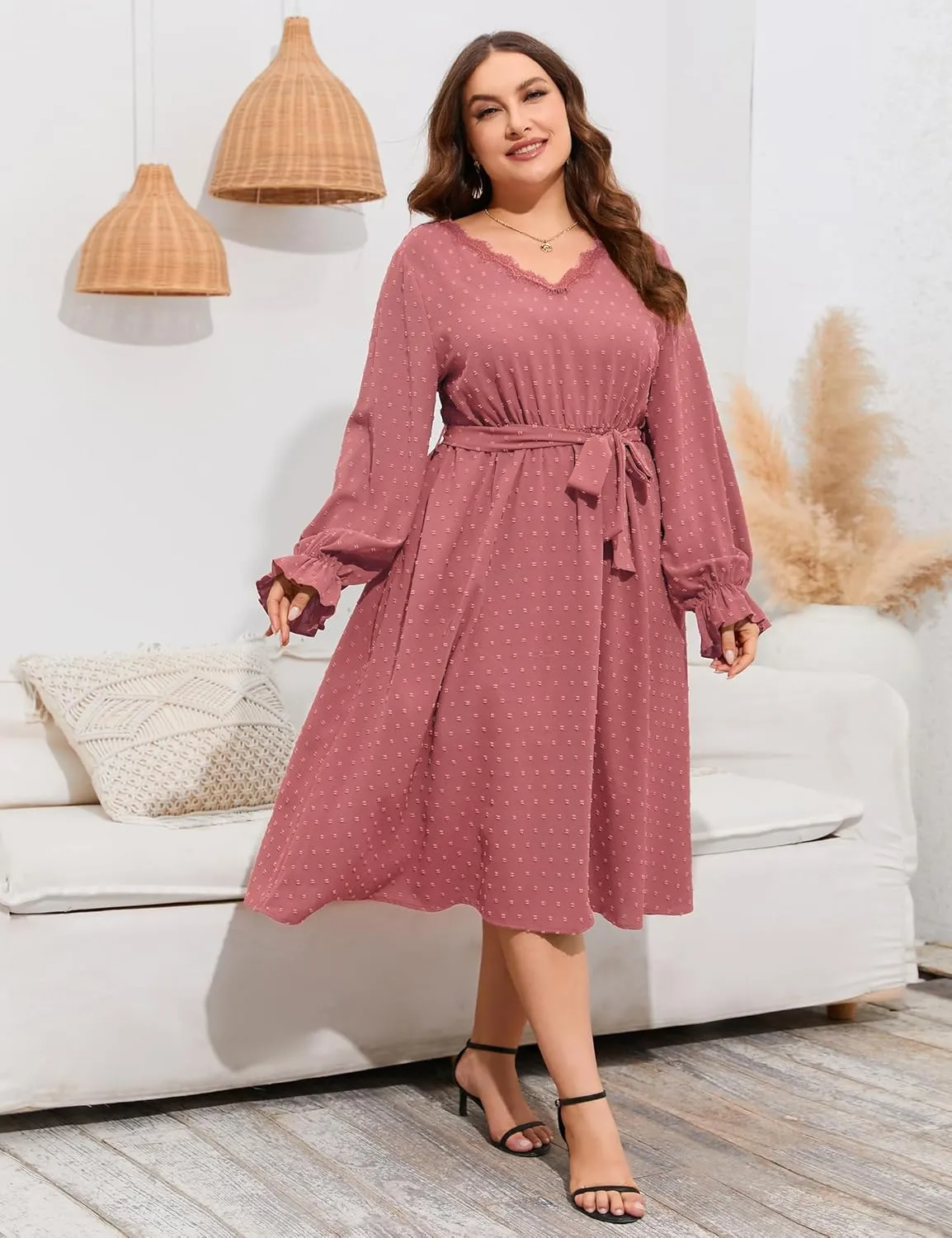 ShopWonder Plus Size Womens V Neck Long Sleeve Swiss Dot Boho Dress Empire Waist Ruffle Flowy A Line Midi Dress