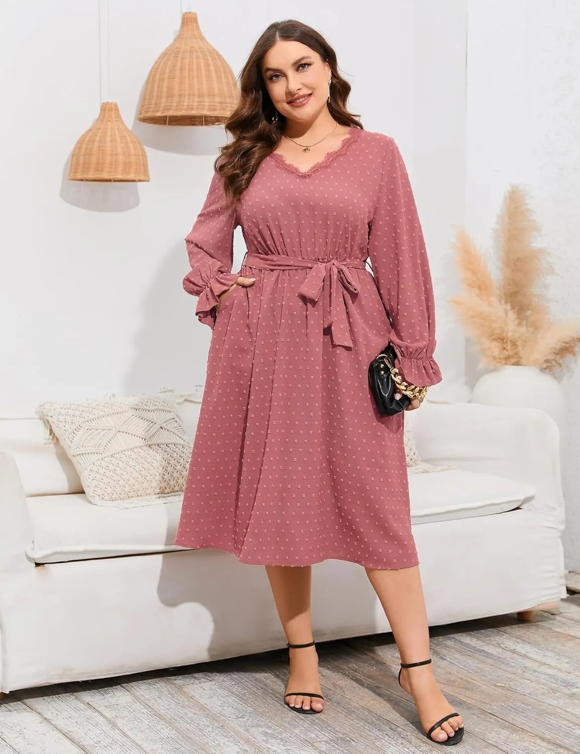 ShopWonder Plus Size Womens V Neck Long Sleeve Swiss Dot Boho Dress Empire Waist Ruffle Flowy A Line Midi Dress