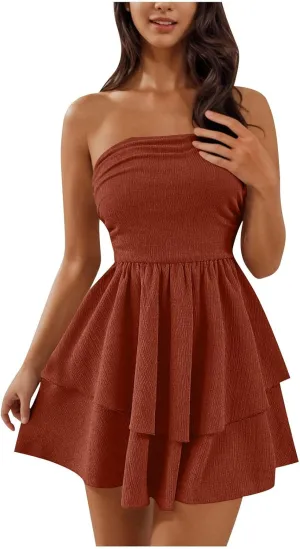 Sinzelimin Womens Sexy Bandeau Mini Dresses Fashion Solid Layered Ruffles Pleated A-Line Short Dress Summer Beach Sundress