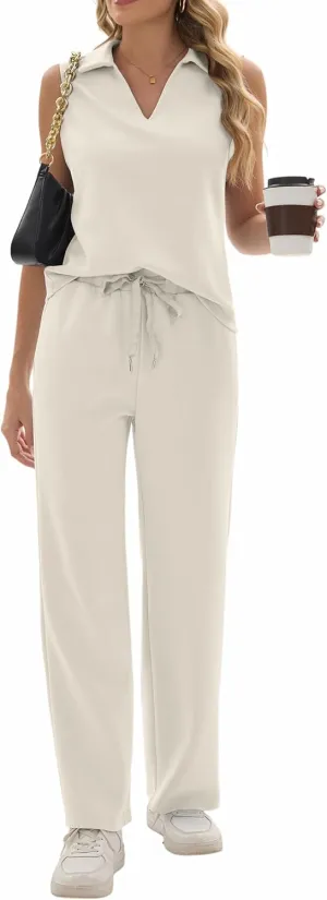 Sixstar Women 2 Piece Outfits Lounge Sets Casual Sleeveless Summer V-Neck Dressy Collared Tracksuit Lounge