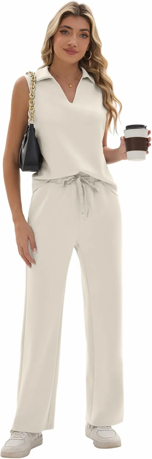 Sixstar Women 2 Piece Outfits Lounge Sets Casual Sleeveless Summer V-Neck Dressy Collared Tracksuit Lounge