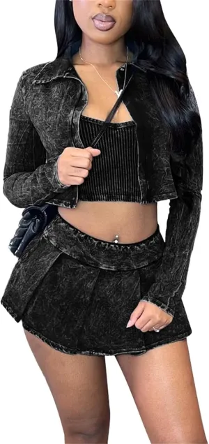 Skirt and Top Set for Women Sexy Casual Long Sleeve Crop Tops and Tennis Skort Dress 3 Piece Outfits Going Out Sweat Suit