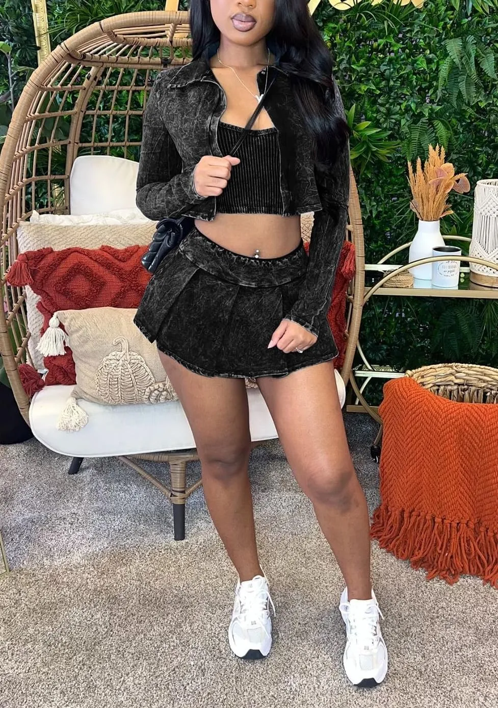 Skirt and Top Set for Women Sexy Casual Long Sleeve Crop Tops and Tennis Skort Dress 3 Piece Outfits Going Out Sweat Suit