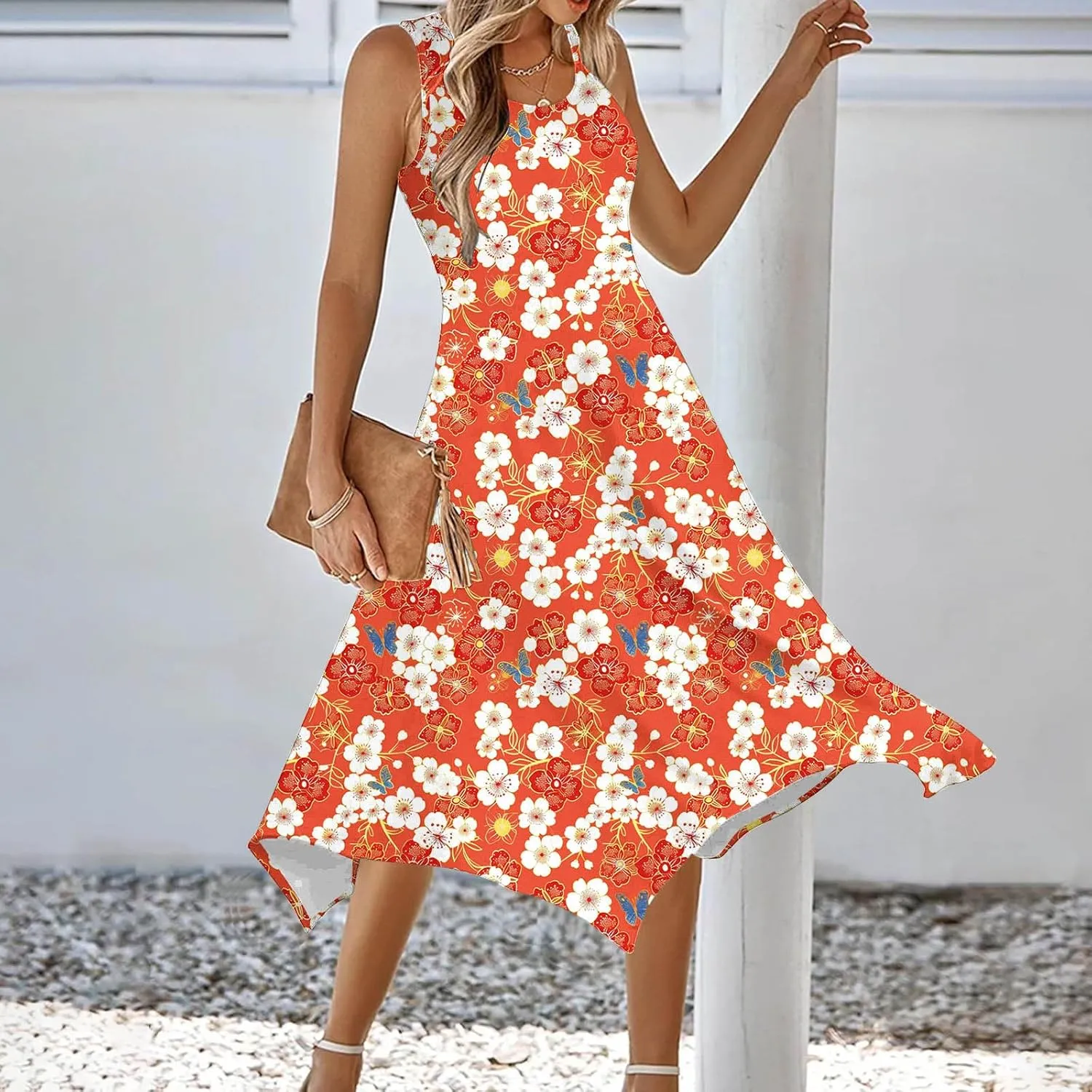Sleeveless Dress for Women 2025 Summer Casual Beach Flowy Sundress with Pockets Boho Floral Print Midi Tank Dress