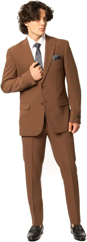 Slim Fit Men Suit Stretchy Spandex Peak Lapel 2 Button Flat Front Pants 9936