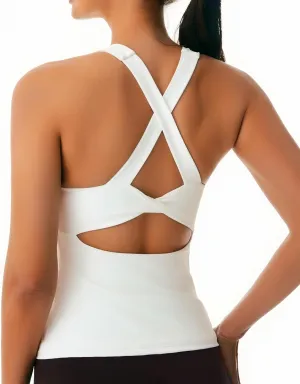 Smooth Workout Tank Top with Built-in Bra for Women Cross Back Athletic Yoga Tops Stretchy Sports Camisole for Gym Pilates