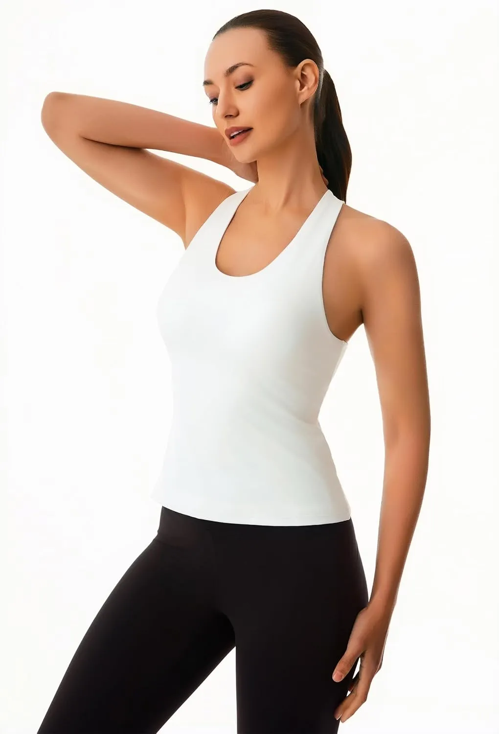 Smooth Workout Tank Top with Built-in Bra for Women Cross Back Athletic Yoga Tops Stretchy Sports Camisole for Gym Pilates
