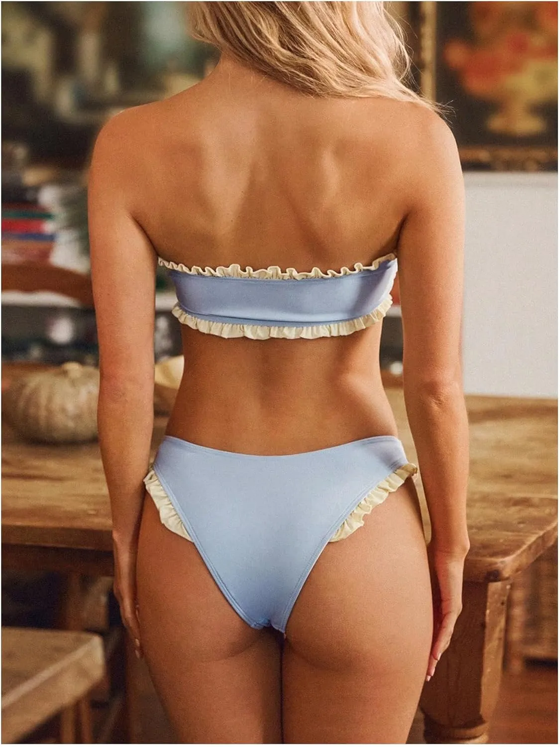SOLY HUX Bandeau Bikini Sets for Women Ruffle Trim Strapless High Waisted Bathing Suit Two Piece Swimsuit