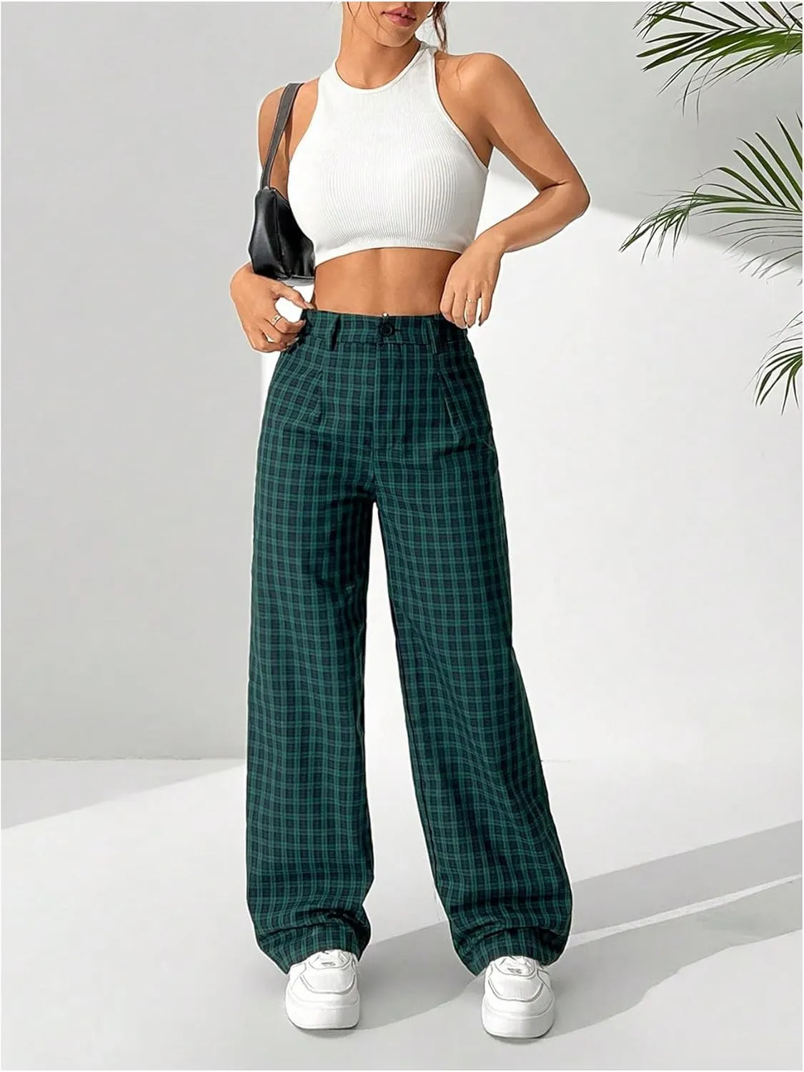 SOLY HUX Women's Plaid Pants Y2K High Waisted Wide Leg Casual Loose Long Trousers