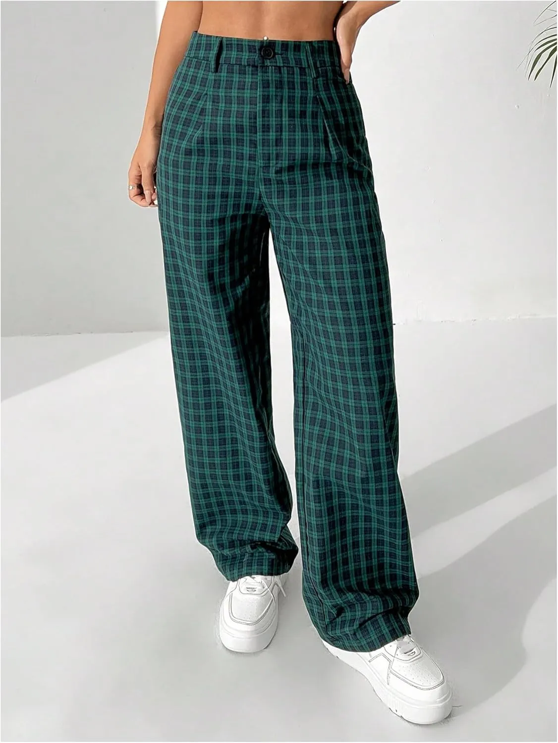 SOLY HUX Women's Plaid Pants Y2K High Waisted Wide Leg Casual Loose Long Trousers