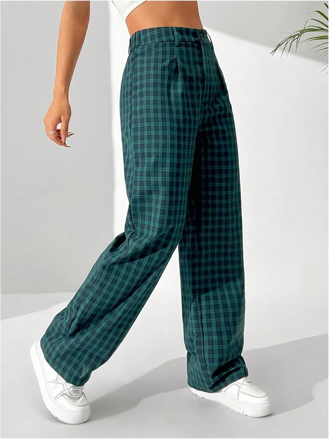 SOLY HUX Women's Plaid Pants Y2K High Waisted Wide Leg Casual Loose Long Trousers