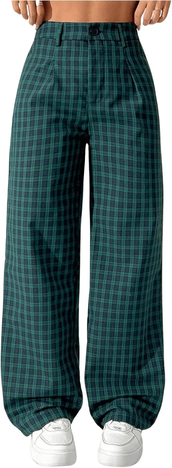 SOLY HUX Women's Plaid Pants Y2K High Waisted Wide Leg Casual Loose Long Trousers