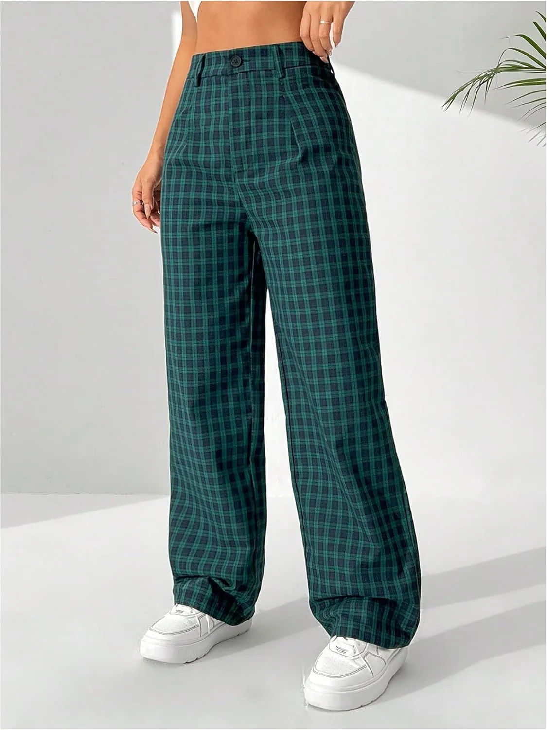 SOLY HUX Women's Plaid Pants Y2K High Waisted Wide Leg Casual Loose Long Trousers