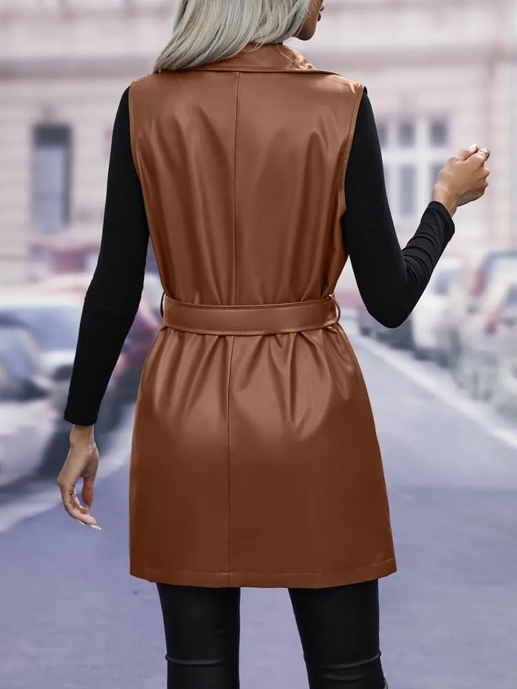 Solyinne Women's Faux Leather Long PU Vest Sleeveless Open Front PU Leather Vest Jacket with Belt