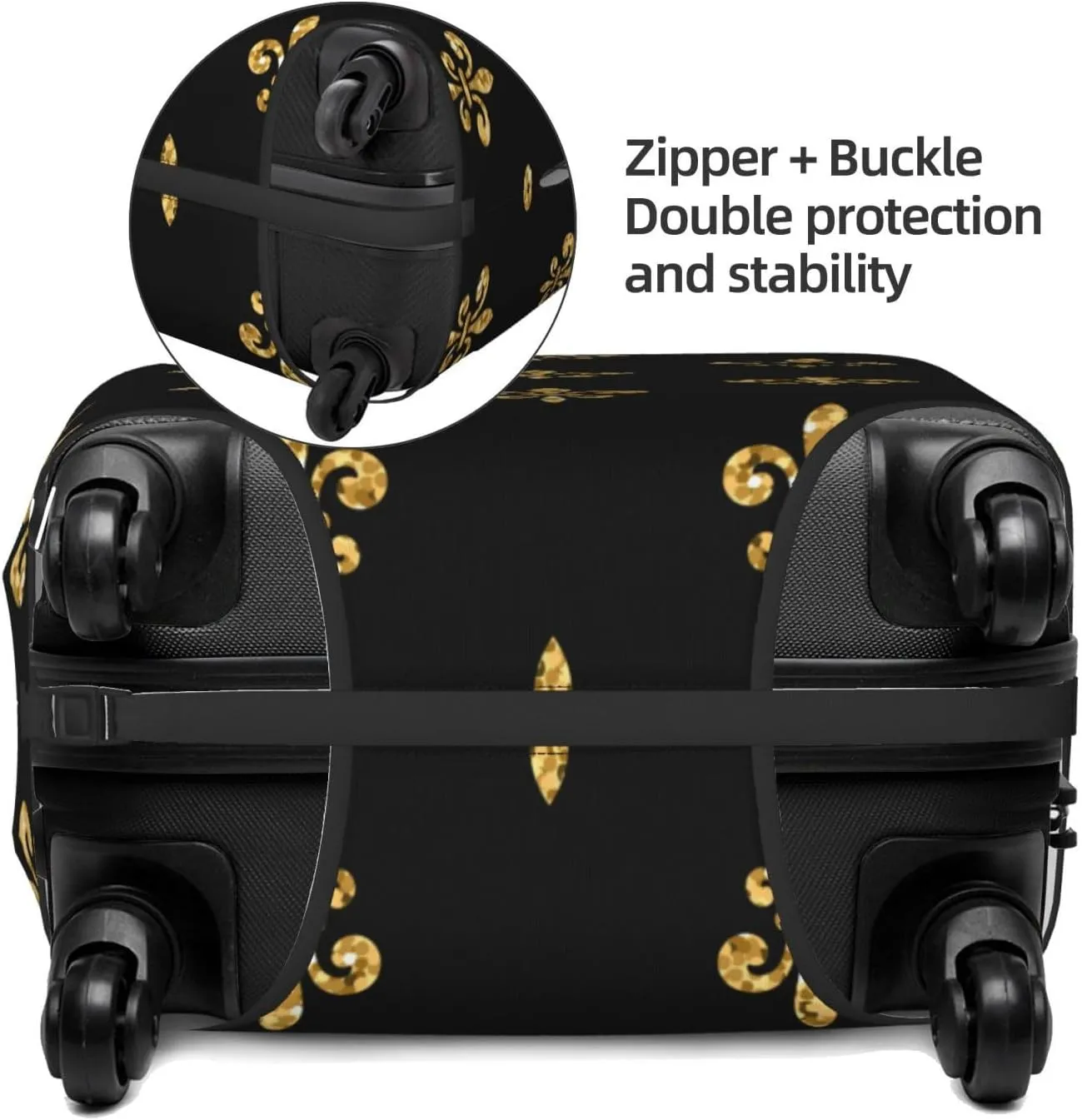 Spandex Travel Luggage Cover,Black And Gold Fleur De Lis Suitcase Protector Bag Dust-Proof Washable Suitcase Cover