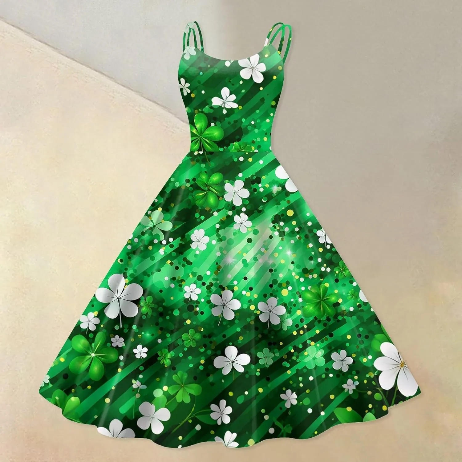 St Patricks Dress Ladies Dressy Vintage Sleeveless Midi Off Shoulder A-Line Swing Shamrock Print Dresses