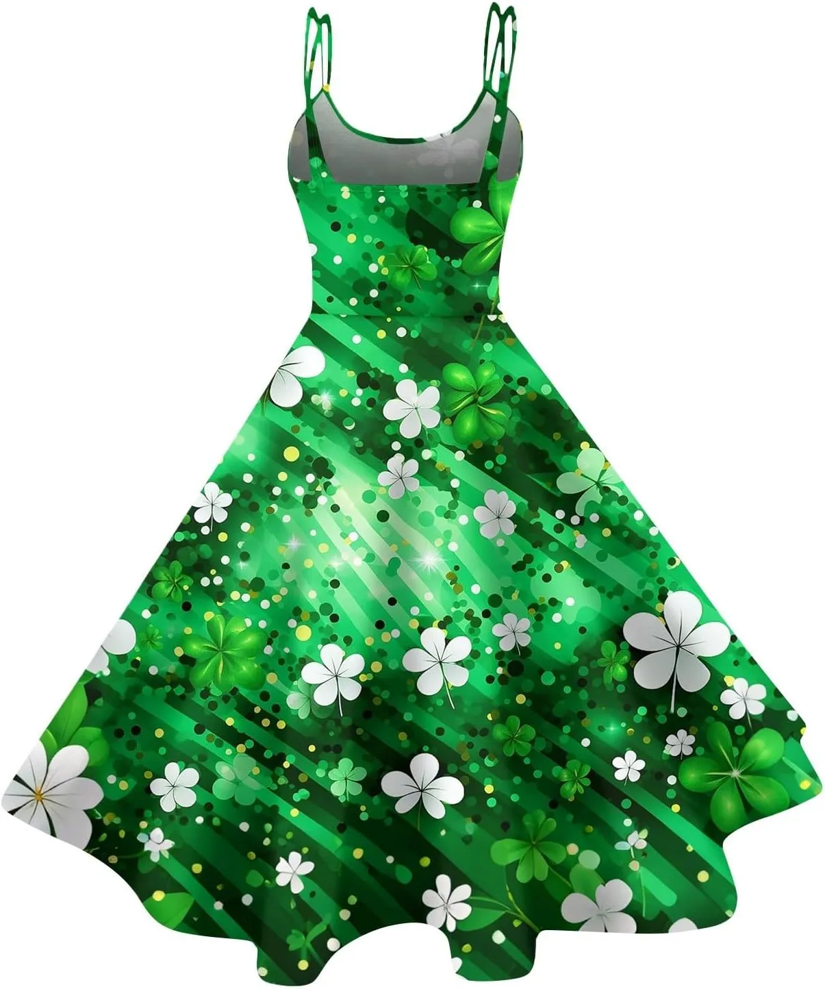St Patricks Dress Ladies Dressy Vintage Sleeveless Midi Off Shoulder A-Line Swing Shamrock Print Dresses