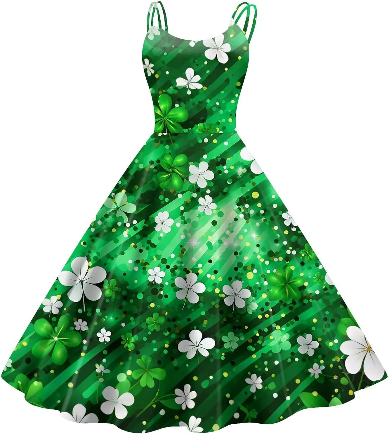 St Patricks Dress Ladies Dressy Vintage Sleeveless Midi Off Shoulder A-Line Swing Shamrock Print Dresses