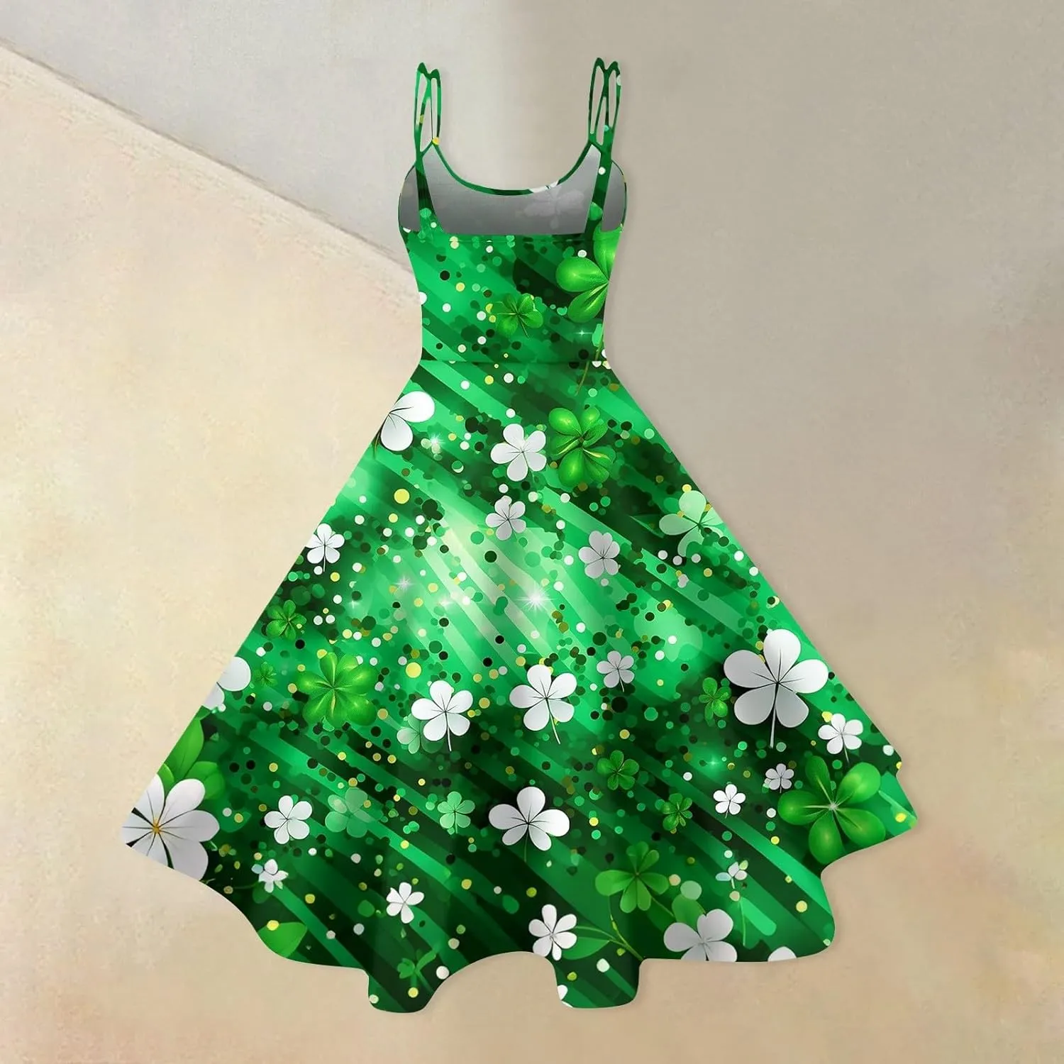 St Patricks Dress Ladies Dressy Vintage Sleeveless Midi Off Shoulder A-Line Swing Shamrock Print Dresses