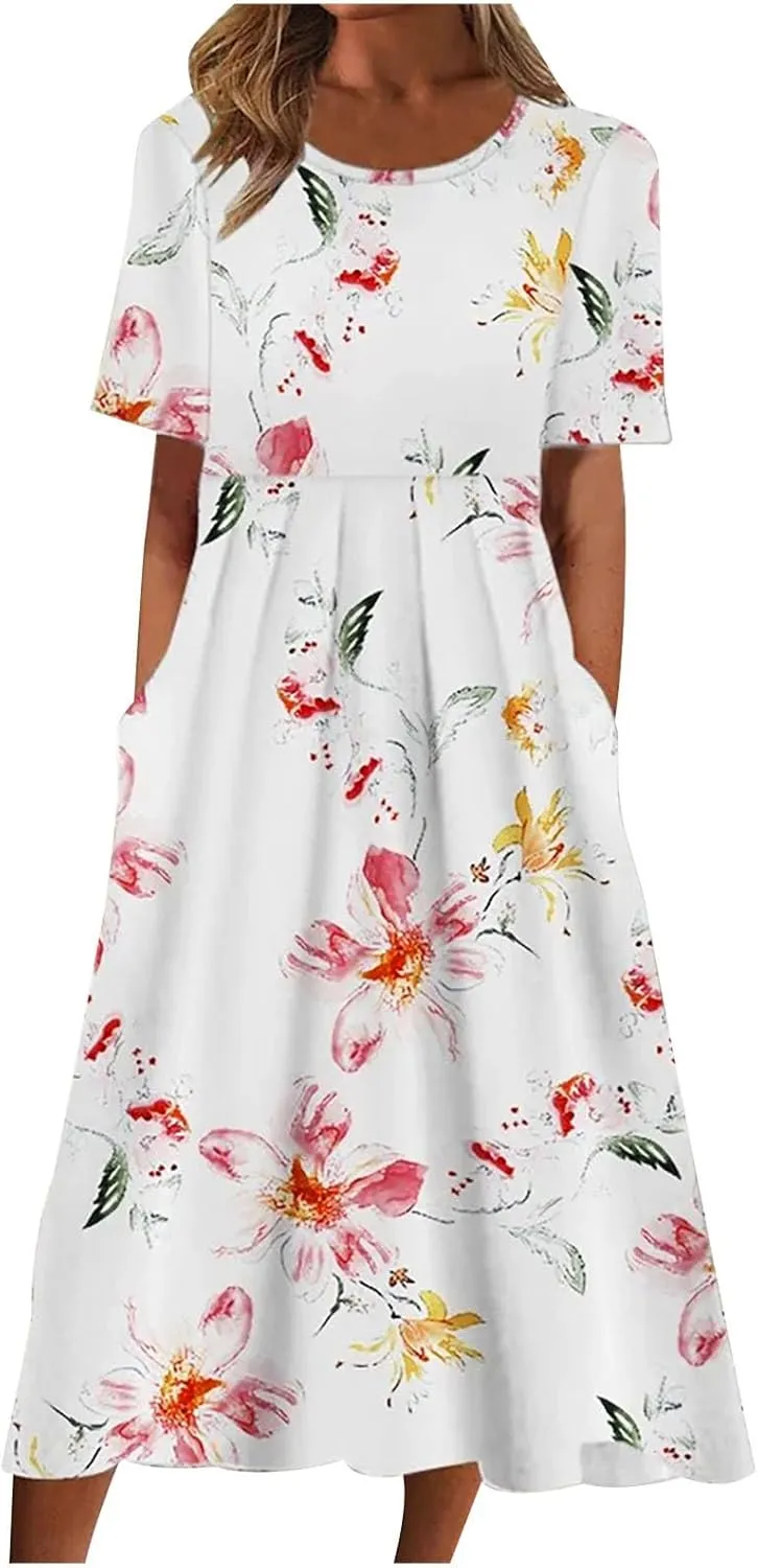 Summer Boho Dresses for Women 2025 Casual V Neck Button Dress Short Sleeve Sun Dress Vacation Long Dress with Pockets