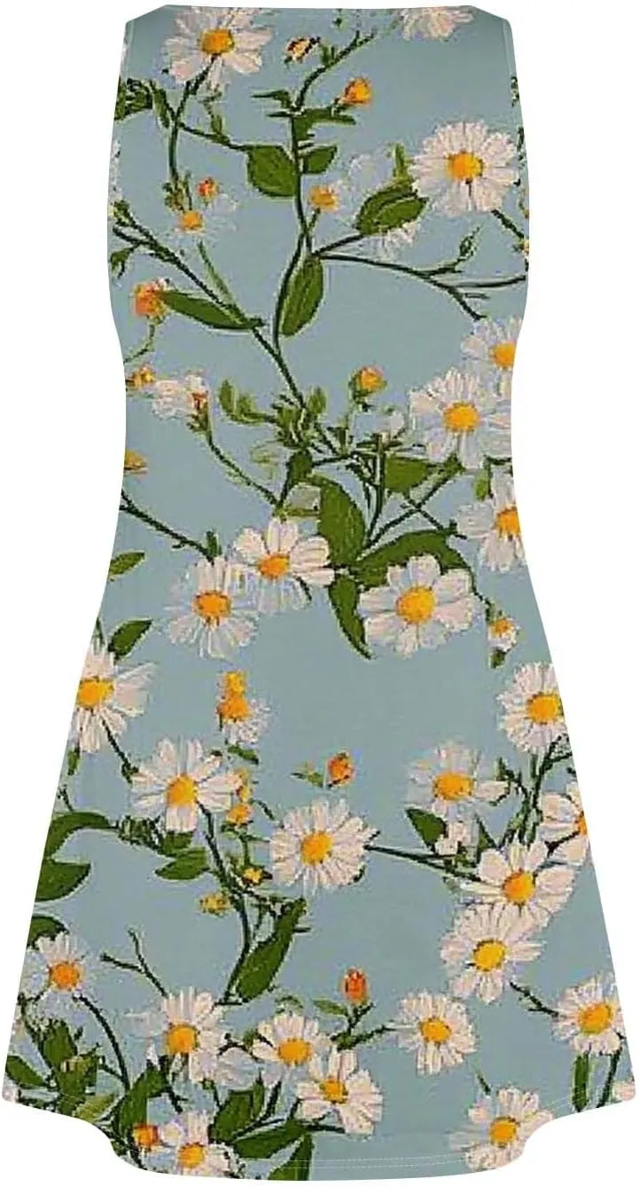 Summer Dress Summer Dresses for Women Beach Boho Sleeveless Vintage Floral Flowy Pocket Tshirt Tank Sundresses