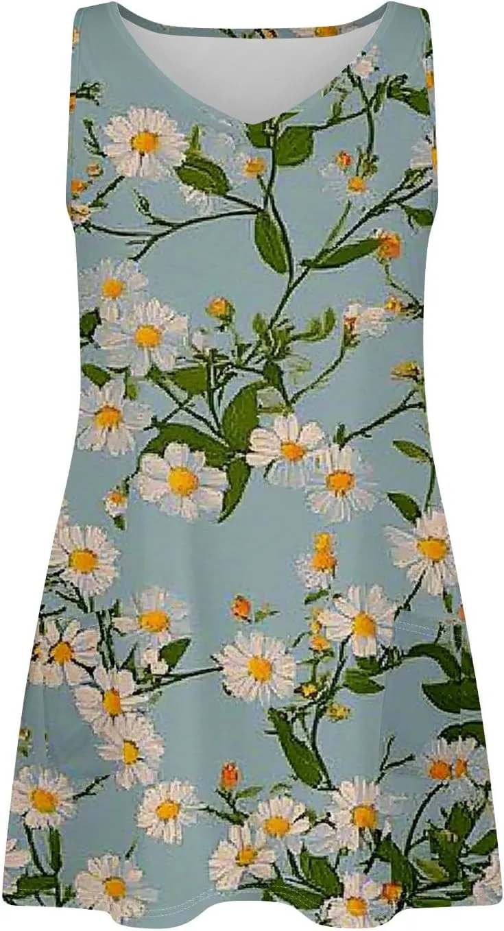 Summer Dress Summer Dresses for Women Beach Boho Sleeveless Vintage Floral Flowy Pocket Tshirt Tank Sundresses