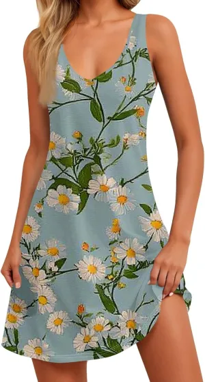 Summer Dress Summer Dresses for Women Beach Boho Sleeveless Vintage Floral Flowy Pocket Tshirt Tank Sundresses