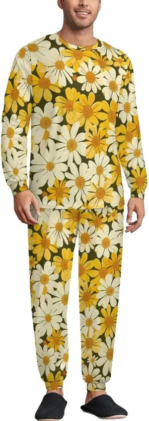 Summer Floral Yellow White Flowers Soft Mens Pajamas Set Round Neck Pullover Long Sleeve And Pants Loungewear 2 Piece Pjs Set
