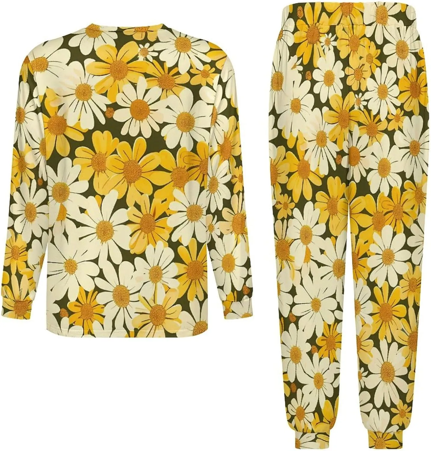 Summer Floral Yellow White Flowers Soft Mens Pajamas Set Round Neck Pullover Long Sleeve And Pants Loungewear 2 Piece Pjs Set