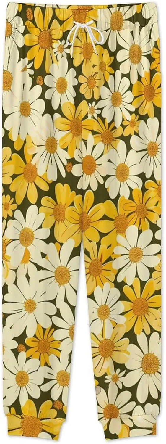 Summer Floral Yellow White Flowers Soft Mens Pajamas Set Round Neck Pullover Long Sleeve And Pants Loungewear 2 Piece Pjs Set