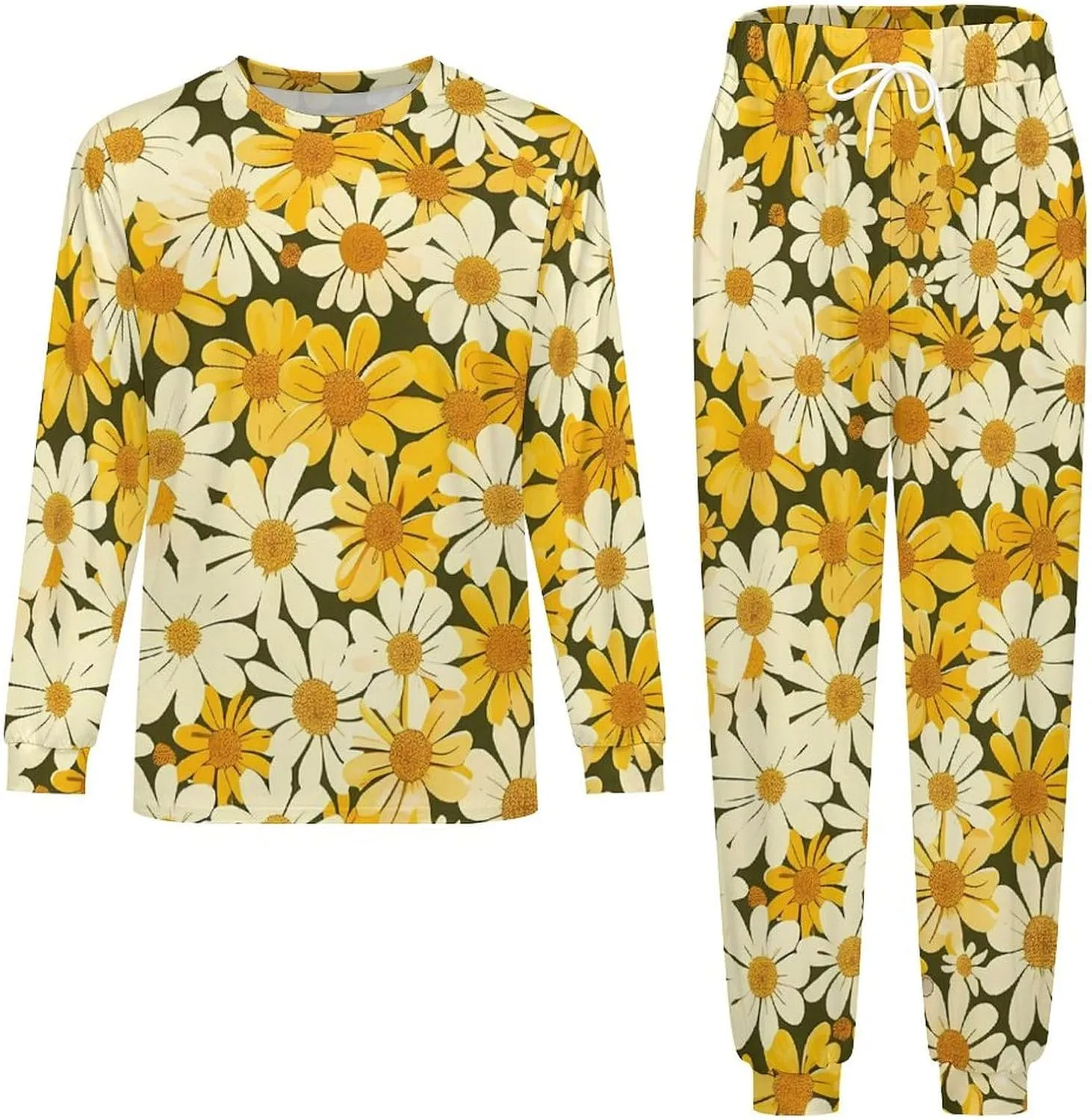 Summer Floral Yellow White Flowers Soft Mens Pajamas Set Round Neck Pullover Long Sleeve And Pants Loungewear 2 Piece Pjs Set