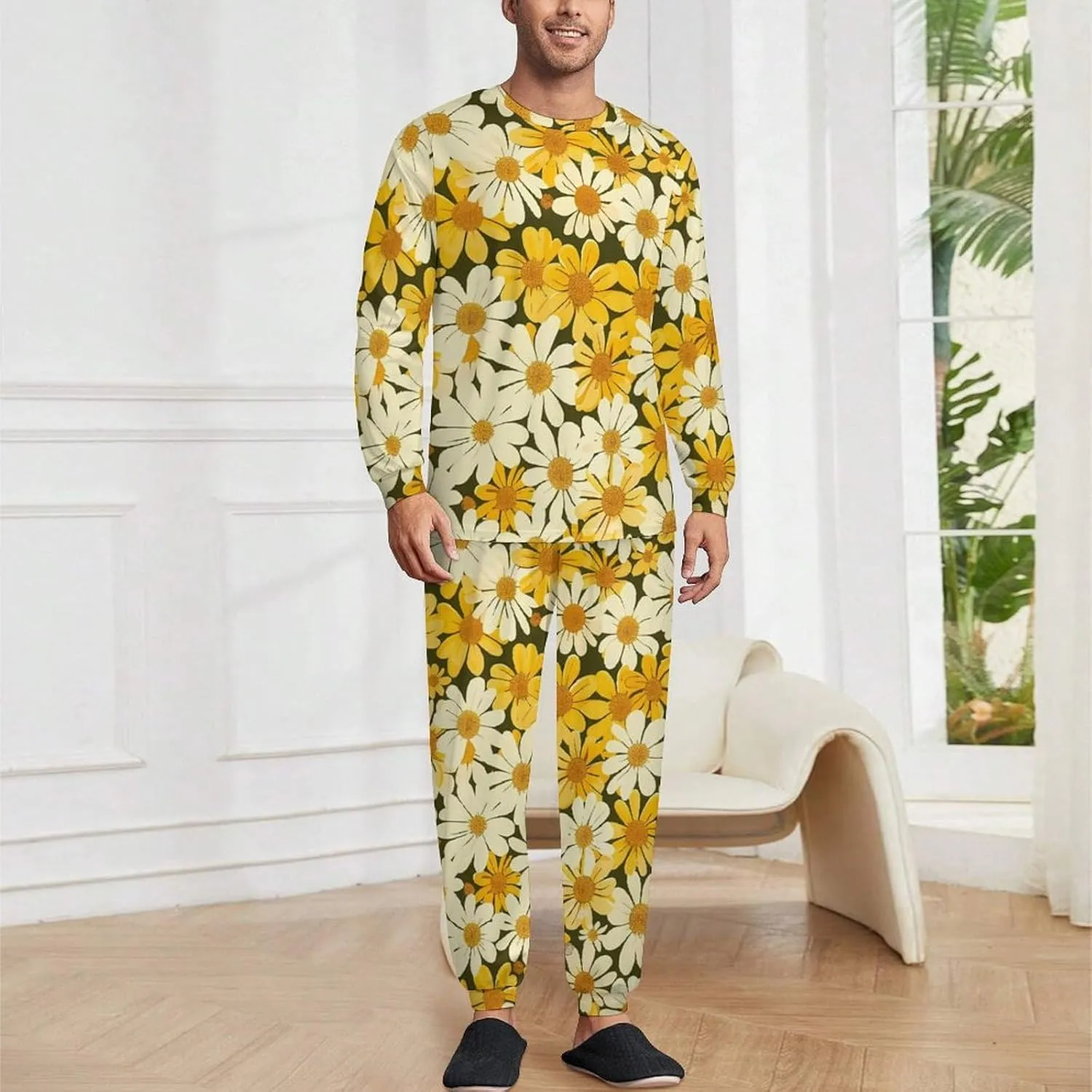Summer Floral Yellow White Flowers Soft Mens Pajamas Set Round Neck Pullover Long Sleeve And Pants Loungewear 2 Piece Pjs Set
