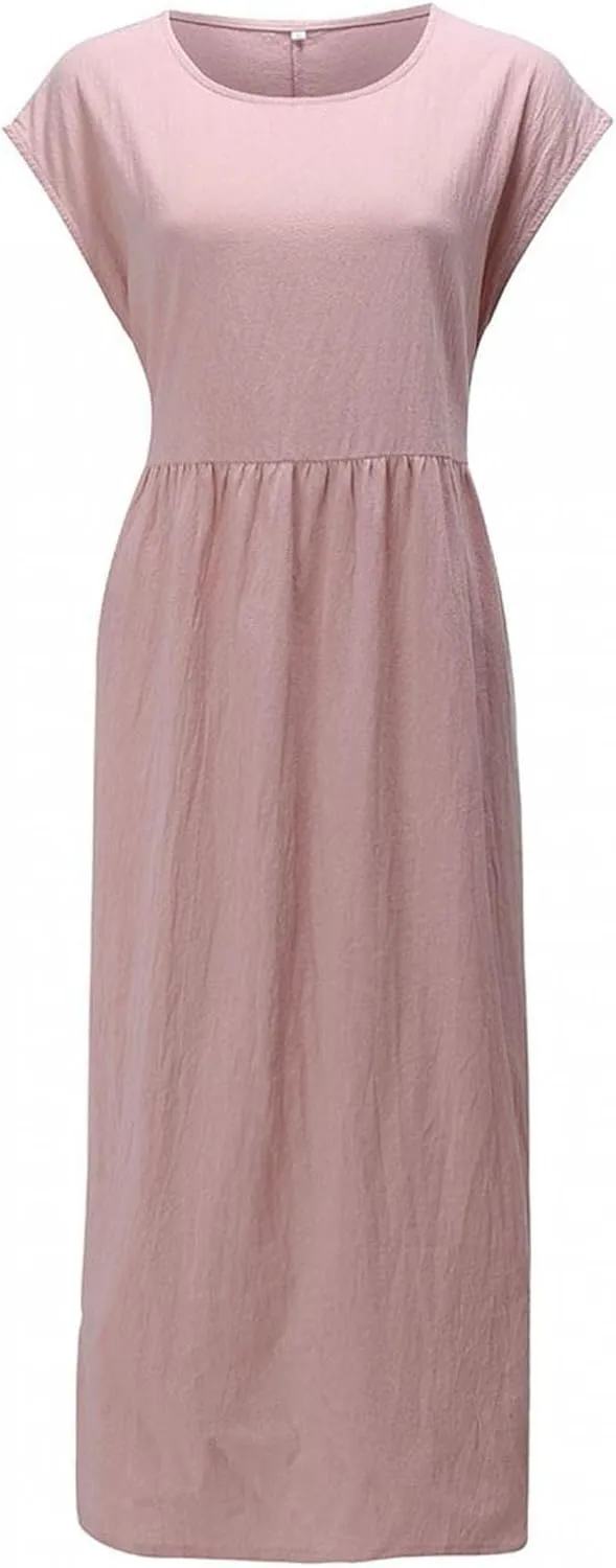 Summer Plain Cotton Linen Dresses Plus Size Women Boho Vintage Midi Dress O-Neck Pockets Loose Baggy Kaftan Long Dress