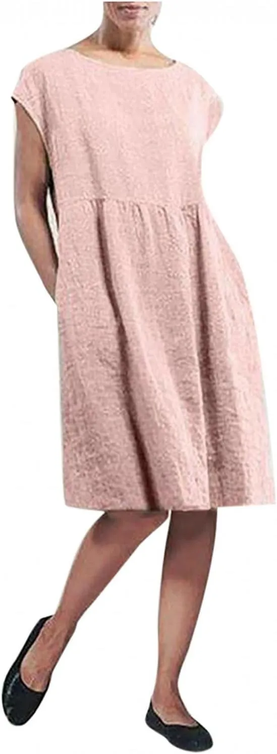 Summer Plain Cotton Linen Dresses Plus Size Women Boho Vintage Midi Dress O-Neck Pockets Loose Baggy Kaftan Long Dress