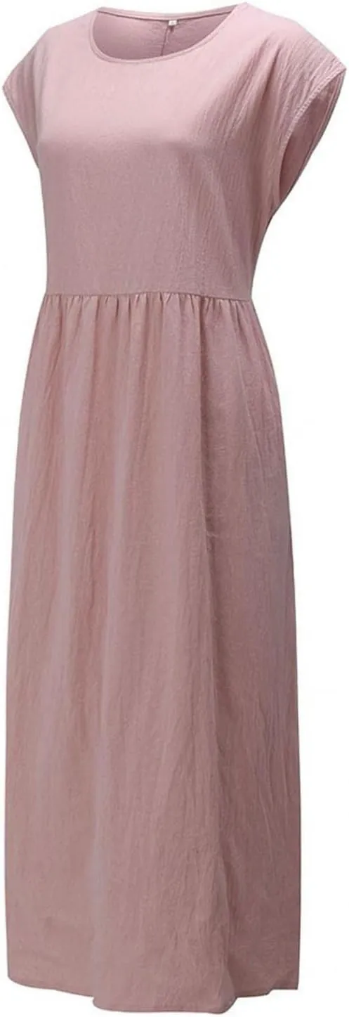 Summer Plain Cotton Linen Dresses Plus Size Women Boho Vintage Midi Dress O-Neck Pockets Loose Baggy Kaftan Long Dress