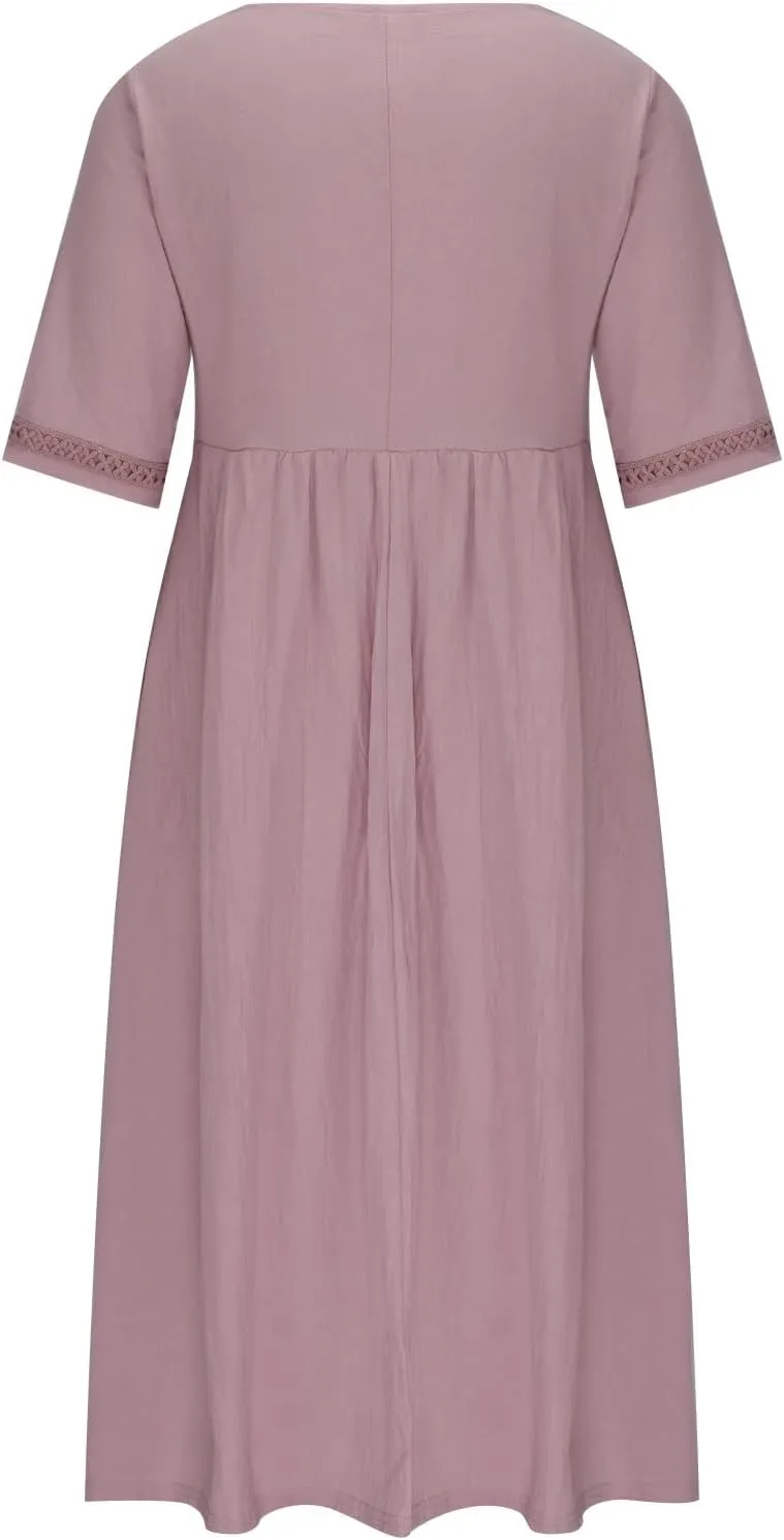 Summer Plus Size Cotton Linen Dress for Womens Loose Short Sleeve Midi Flowy Dresses Lace Edge Loose Ruffle Sundress