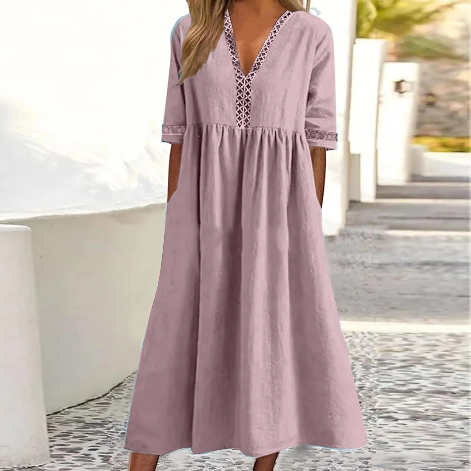Summer Plus Size Cotton Linen Dress for Womens Loose Short Sleeve Midi Flowy Dresses Lace Edge Loose Ruffle Sundress