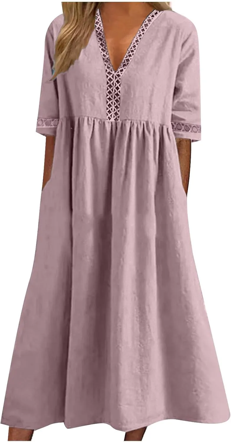 Summer Plus Size Cotton Linen Dress for Womens Loose Short Sleeve Midi Flowy Dresses Lace Edge Loose Ruffle Sundress