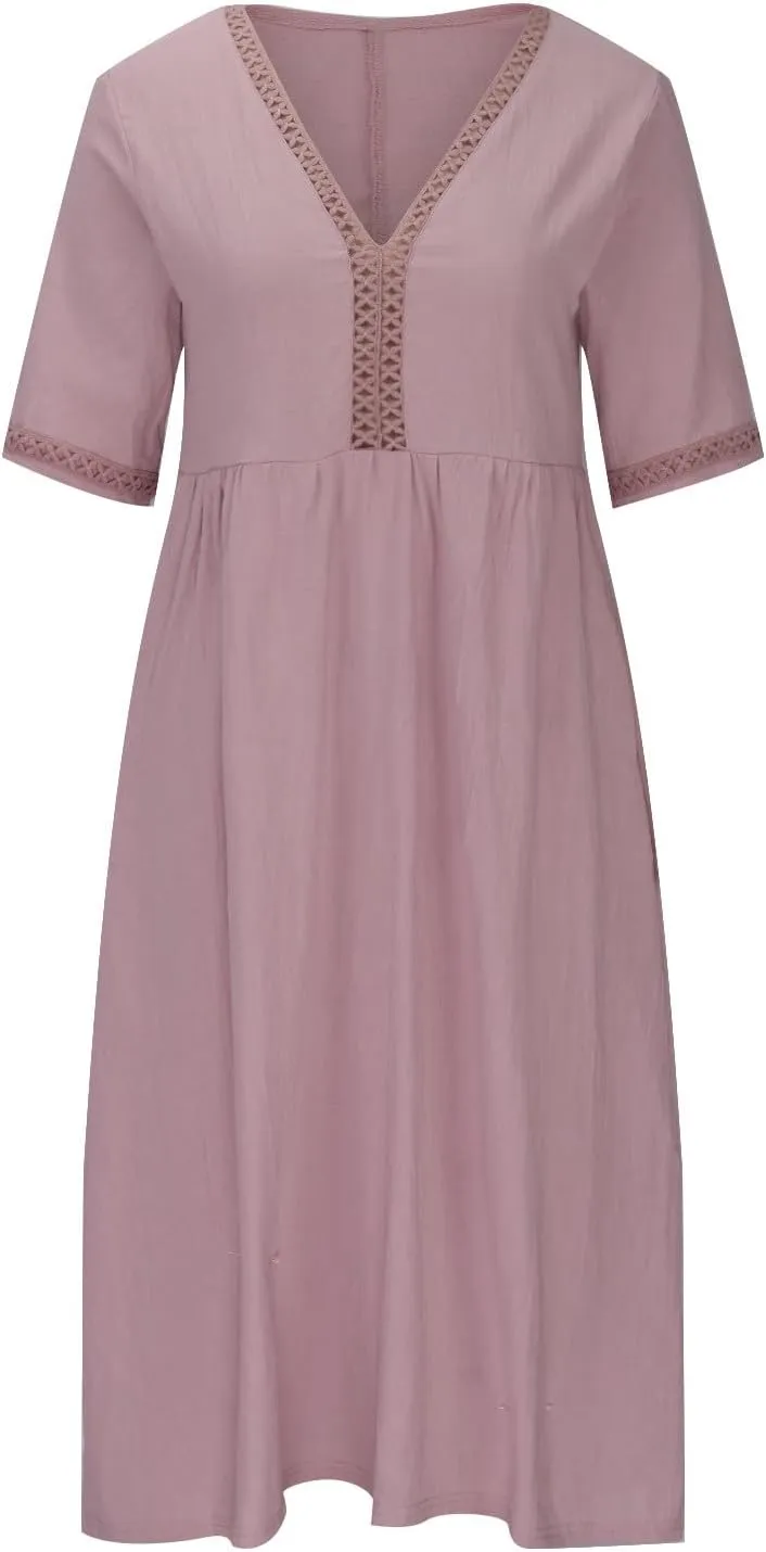 Summer Plus Size Cotton Linen Dress for Womens Loose Short Sleeve Midi Flowy Dresses Lace Edge Loose Ruffle Sundress