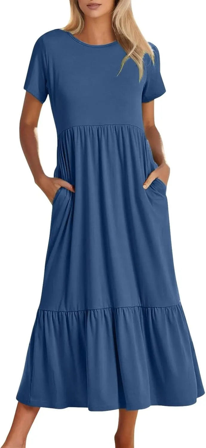 Summer Shirt Dresses For Women 2025 Crewneck Tiered Maxi Dresses Short Sleeve Flowy Beach Sundresses with Pockets