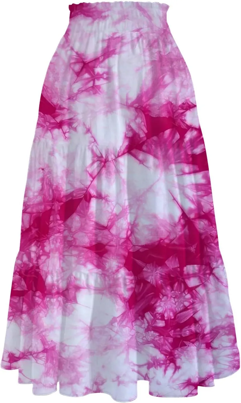 Summer Skirts for Women Ruched Elastic Waist Ruffle Boho Skirt Tiered A Line Midi Skirt Vacation Clothes with Pocket