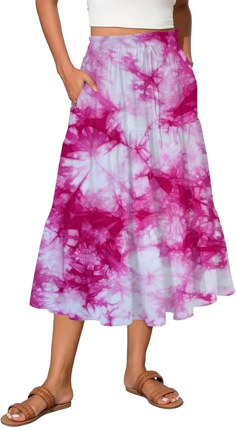 Summer Skirts for Women Ruched Elastic Waist Ruffle Boho Skirt Tiered A Line Midi Skirt Vacation Clothes with Pocket