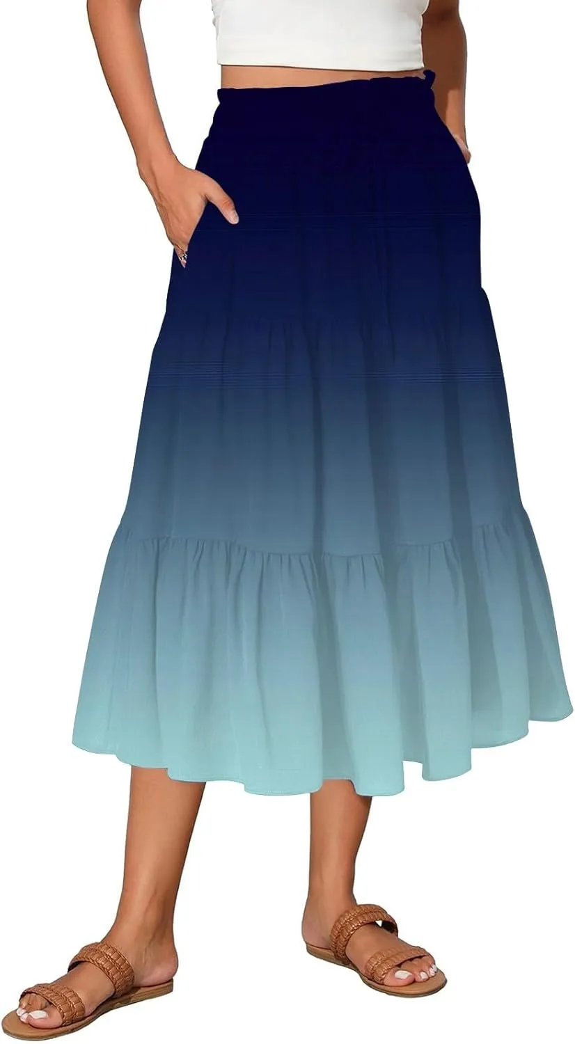 Summer Skirts for Women Ruched Elastic Waist Ruffle Boho Skirt Tiered A Line Midi Skirt Vacation Clothes with Pocket