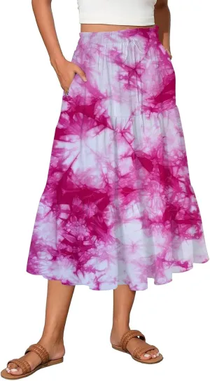 Summer Skirts for Women Ruched Elastic Waist Ruffle Boho Skirt Tiered A Line Midi Skirt Vacation Clothes with Pocket