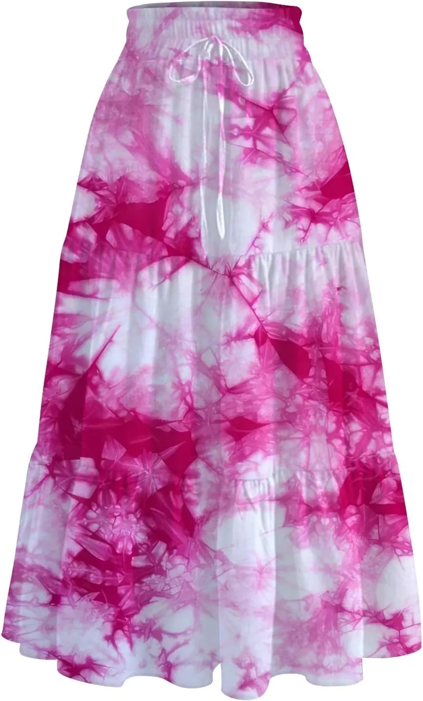 Summer Skirts for Women Ruched Elastic Waist Ruffle Boho Skirt Tiered A Line Midi Skirt Vacation Clothes with Pocket