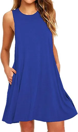 Sundresses for Women 2024 Vacation Sleeveless Crewneck Ruffle Swing Mini Dresses Flowy Casual Beach Dress with Pocket