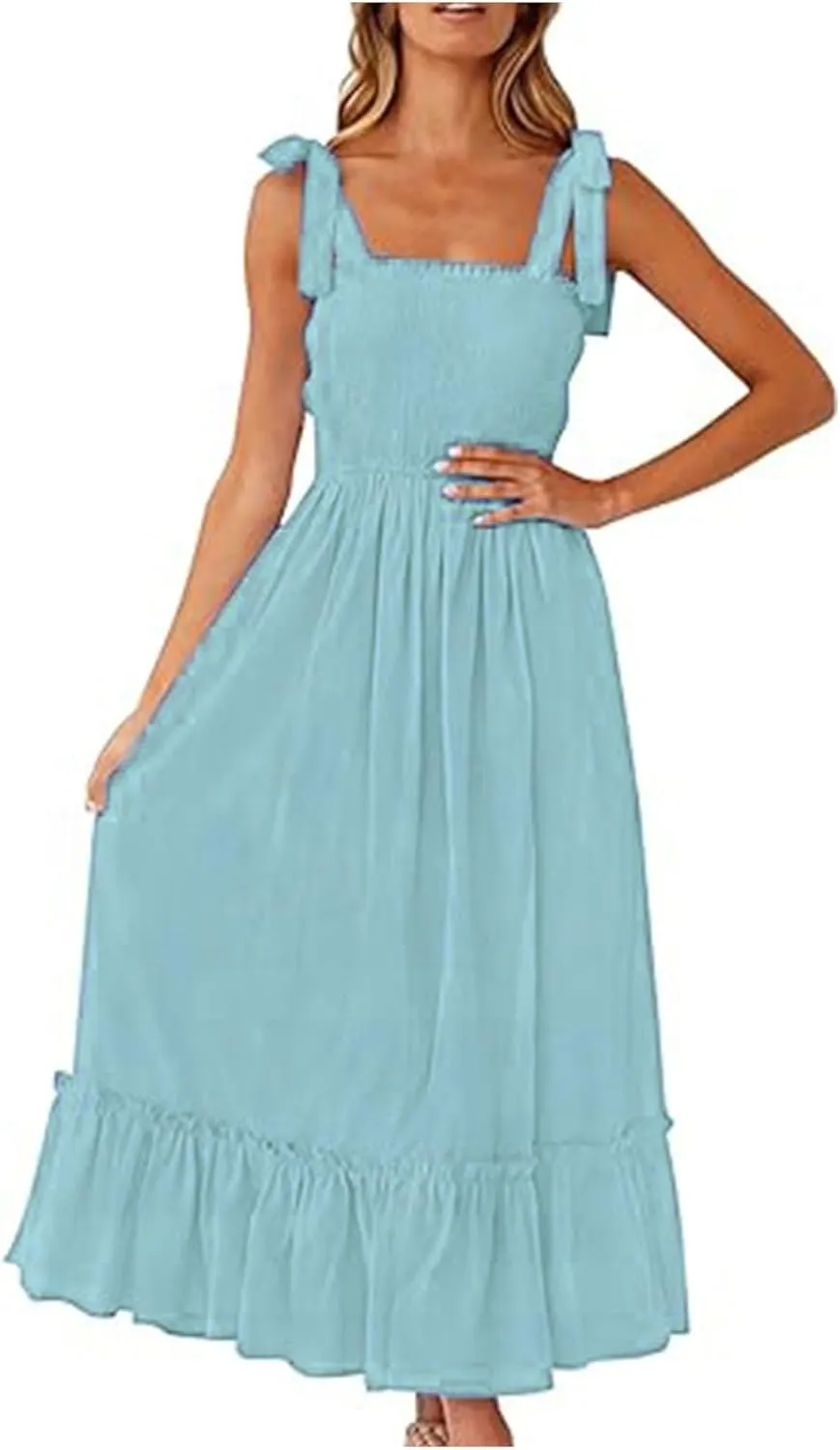Sundresses for Women Fashion Strap Square Neck Sleeveless Summer Dresses Casual Beach Vacation Long Maxi A Line Dress