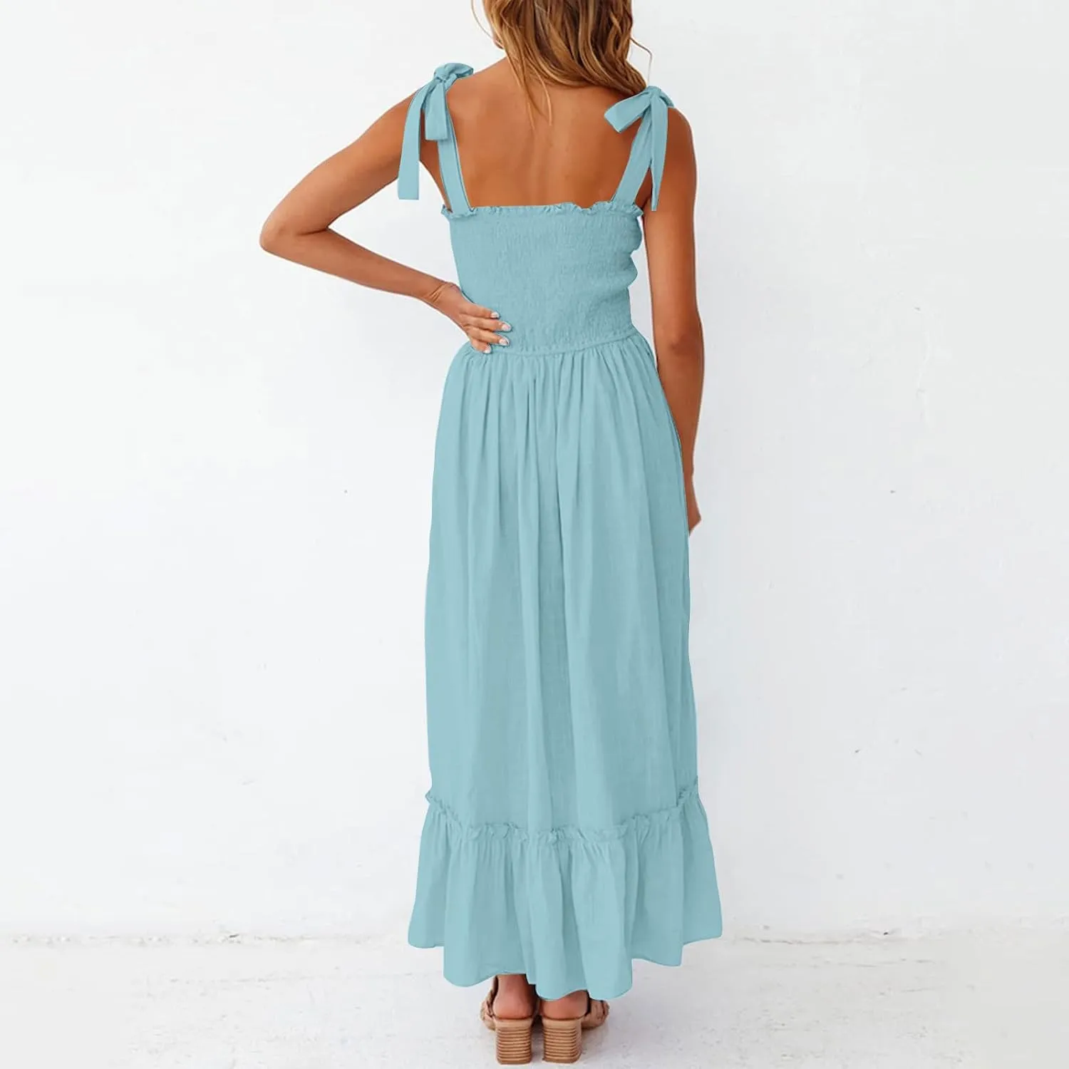Sundresses for Women Fashion Strap Square Neck Sleeveless Summer Dresses Casual Beach Vacation Long Maxi A Line Dress