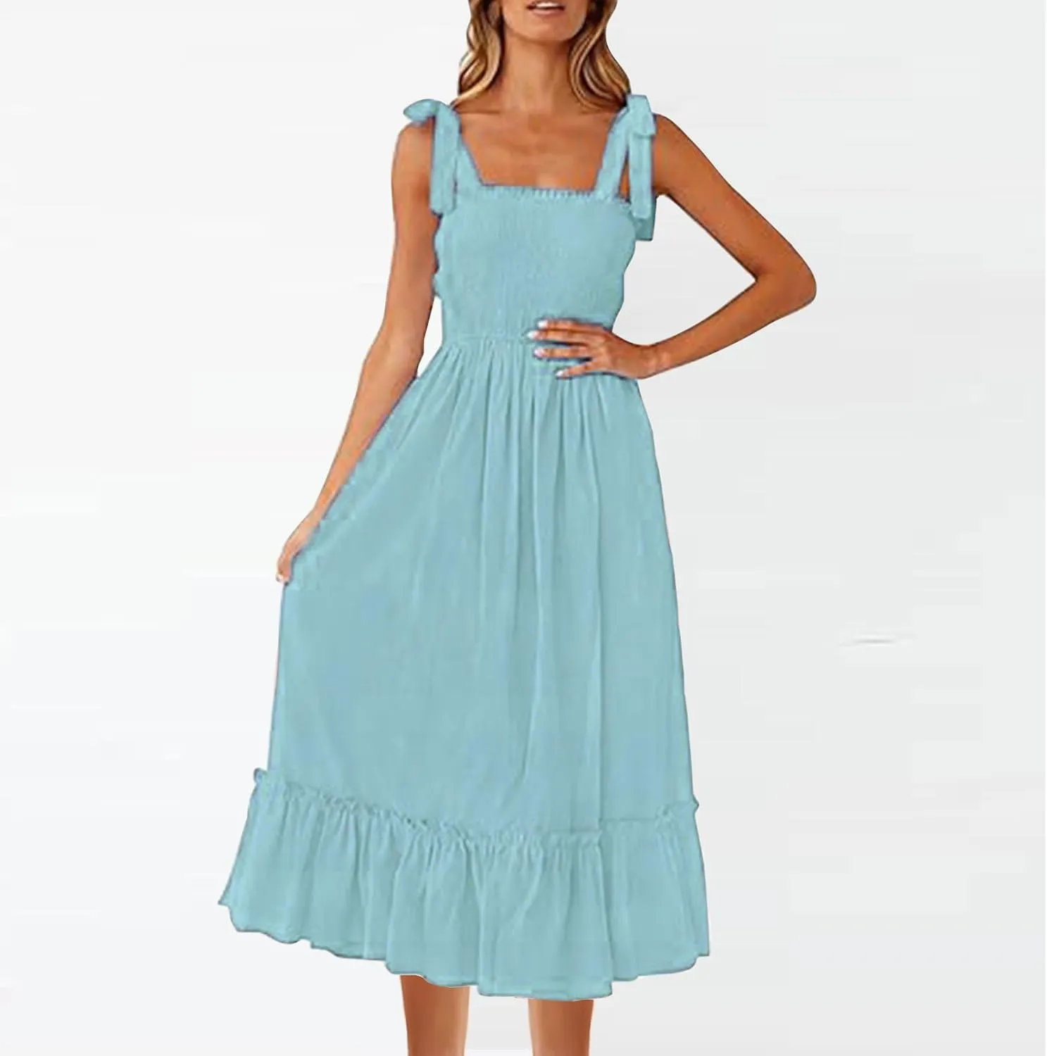 Sundresses for Women Fashion Strap Square Neck Sleeveless Summer Dresses Casual Beach Vacation Long Maxi A Line Dress