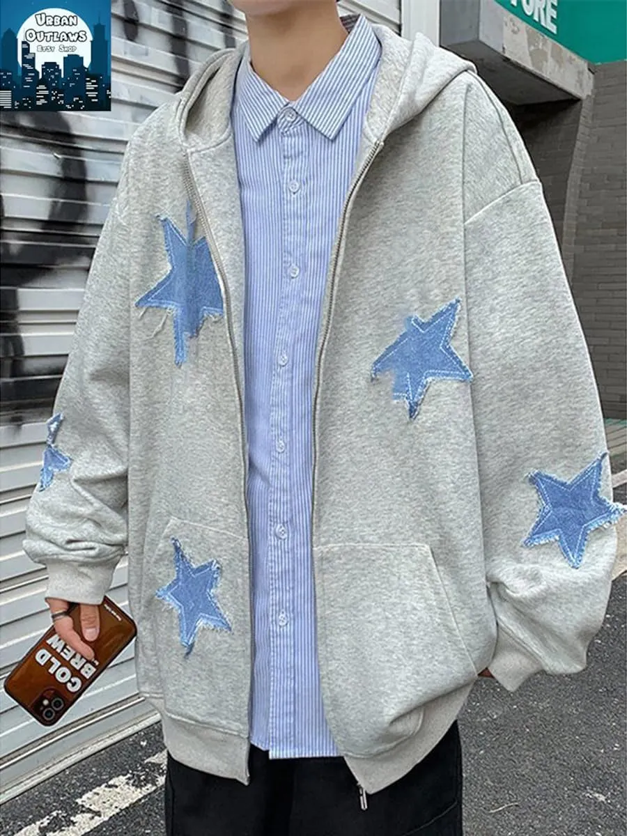 Sunwittafy Y2k Hoodie Men Women Star Zip Up Hoodie Letter Print Harajuku Oversized Sweatshirt Grunge Jacket Streetwear